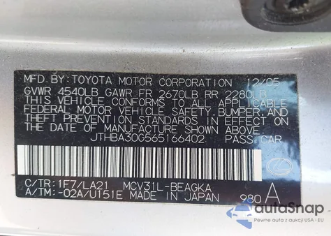2006 Lexus Es 330 from USA, damaged, VIN JTHBA30G565166402